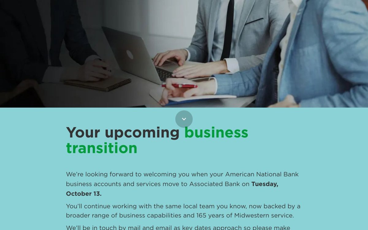 Business banking transition page
